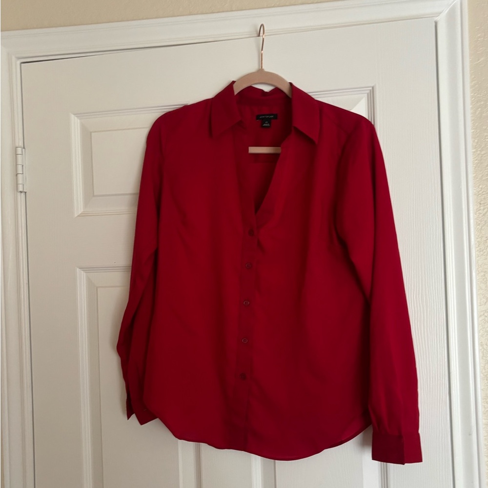 Ann Taylor Red Long-Sleeve Button-Up Blouse